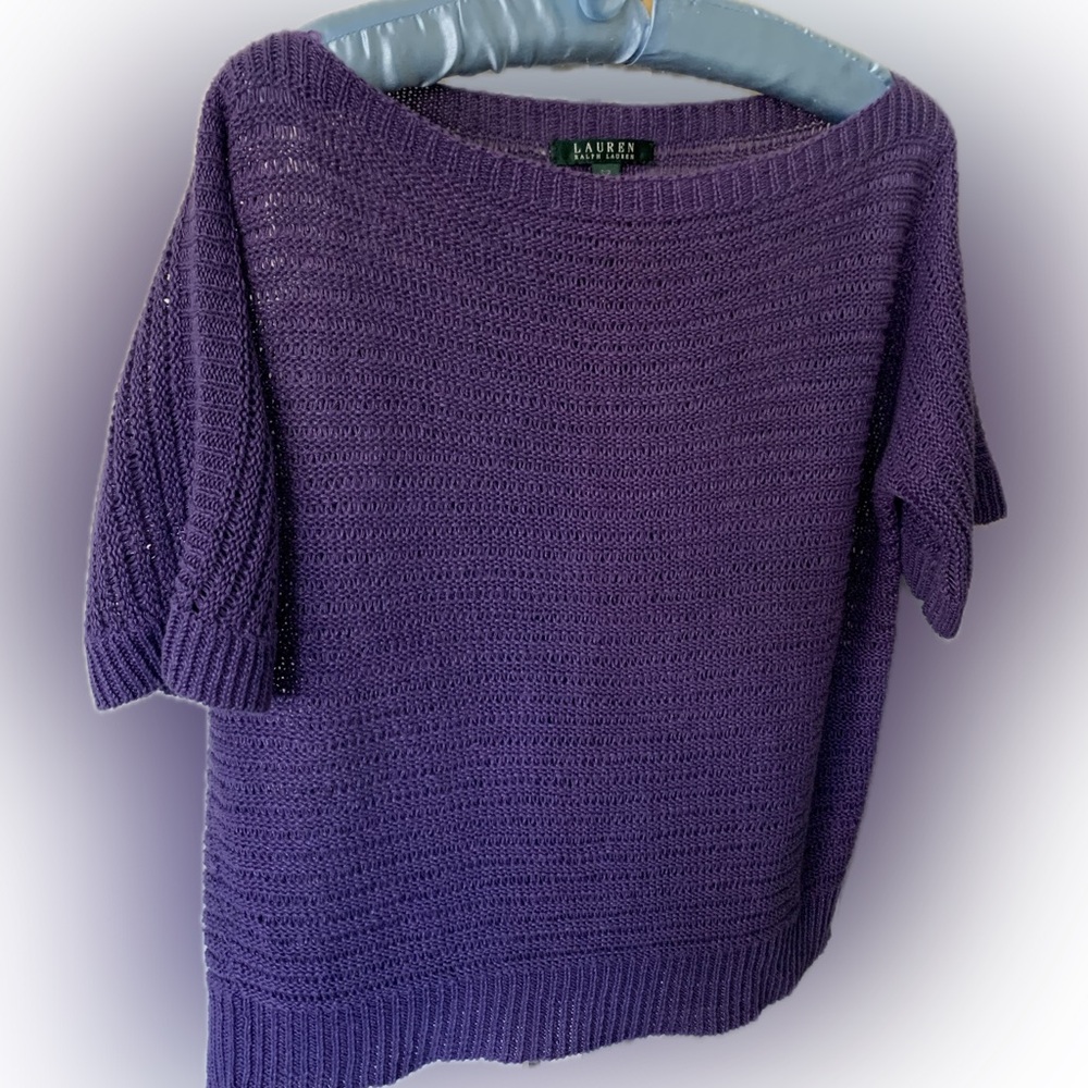 NWOT Ralph Lauren Linen Purple Boatneck Short-Sleeve Lightweight open Knit Top
